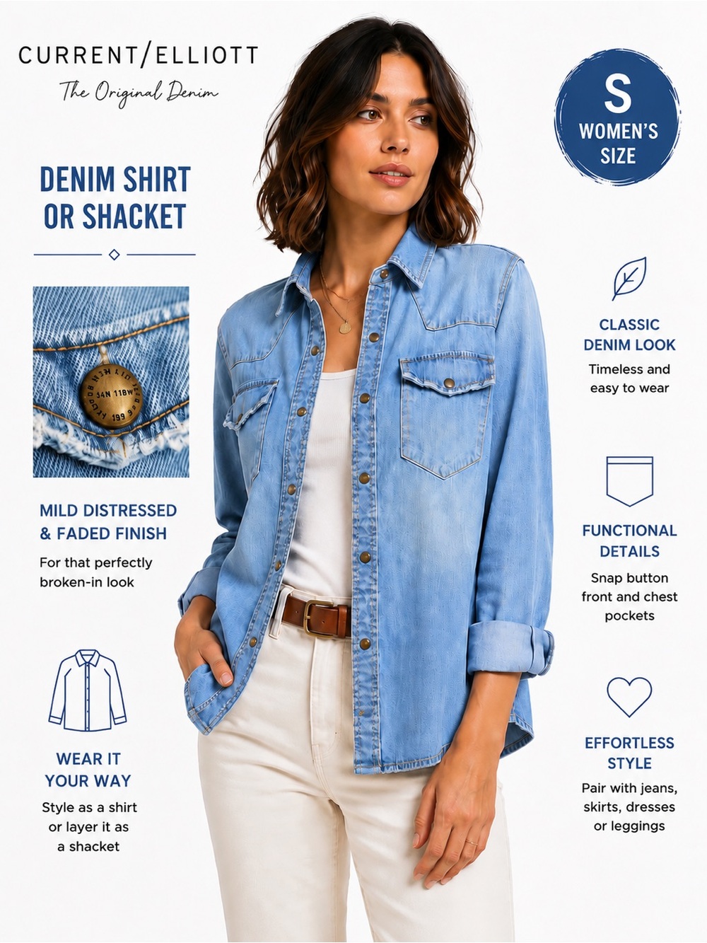 Current Elliott Denim Shirt Shacket Small Soft Faded Wash Western Snap Button